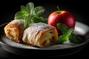 Freshly Baked Apple Strudel with Mint Leaves and a Red Apple on a Dark Plate, Showcasing Flaky Pastry and Powdered Sugar Decoration