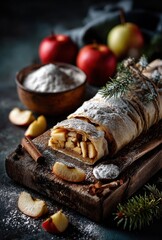 Freshly Baked Apple Strudel with Powdered Sugar and Cinnamon Sticks on Rustic Wooden Board Surrounded by Apples and Flour in Cozy Kitchen Setting