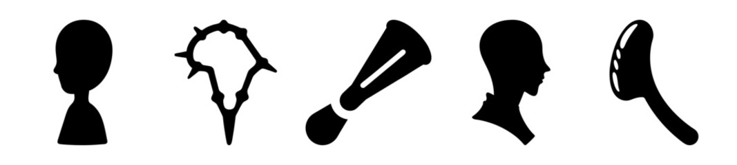 Silhouettes of various objects, human figures, and a crown of thorns on white