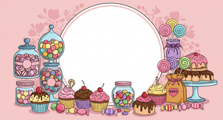 Sweet Bakery Logo with Cupcakes and Candies – Vector Illustration