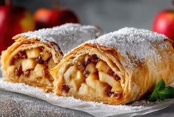 Freshly Baked Apple Strudel with Powdered Sugar and Mint Garnish on a Gray Background Surrounded by Juicy Red Apples