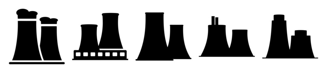 Silhouetted power plant cooling towers create a stark industrial landscape on white