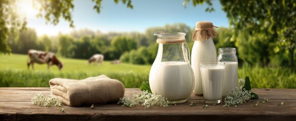 The tranquil display of fresh milk in a serene farm setting.