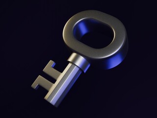 3D Rendered Metallic Key on Dark Background