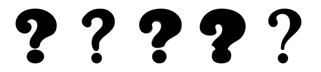 Five Black Question Marks in a Row on a White Background