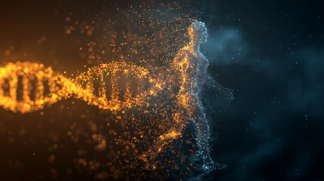 A transformation from gene to digital immortality, a glowing DNA helix on the left dissolving into particles that become a digital human silhouette