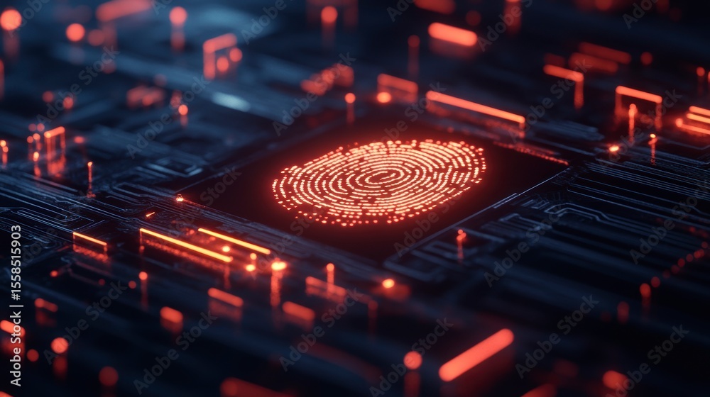 Poster Glowing fingerprint on a circuit board, representing digital security and biometric technology.