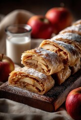 Freshly Baked Apple Strudel with Powdered Sugar Dusting on a Rustic Wooden Board Surrounded by Juicy Red Apples and Glass of Milk