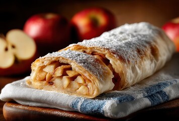 Freshly Baked Apple Strudel with Powdered Sugar Dusting and Red Apples in Background on Wooden Table with Linen Cloth