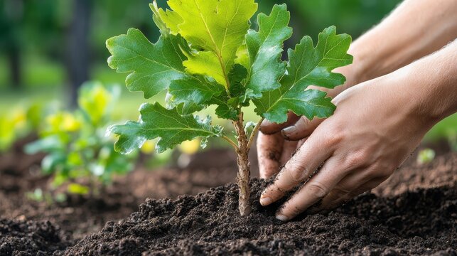 Planting a Young Oak Tree Sapling Hands Carefully Placing a Green Shoot into Rich Soil - Powered by Adobe
