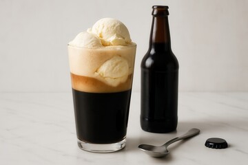 Dark beer float with vanilla ice cream and bottle on marble table