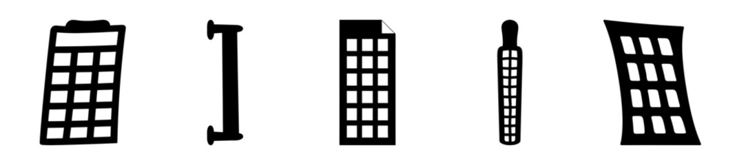 A whimsical array of abstract building icons in stark black and white
