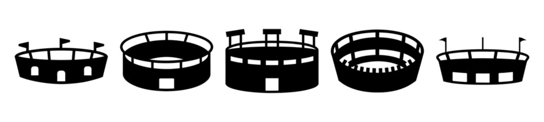 Stylized Line Art Depicting Five Different Stadium or Arena Illustrations in Black