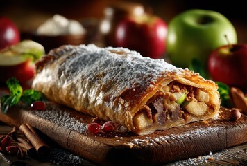 Freshly Baked Apple Strudel with Powdered Sugar on a Wooden Board Surrounded by Red and Green Apples and Spices