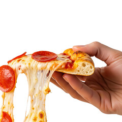 Hand holding a slice of cheesy pizza on PNG background.