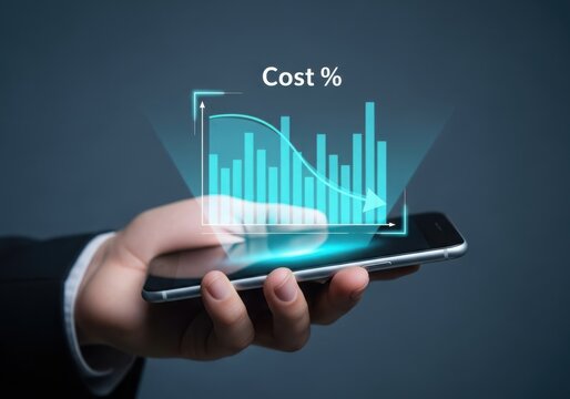 Hand holding phone with cost percentage graph overlayed on it