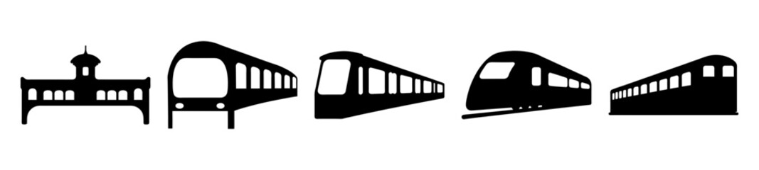 Black and white images showing building and different shapes of public trains