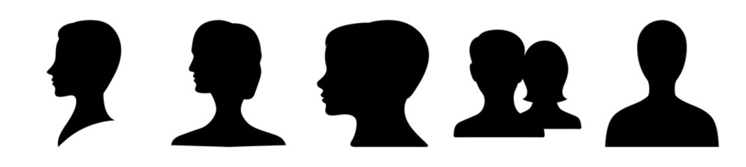 Diverse silhouettes of people face profiles and front view on white background
