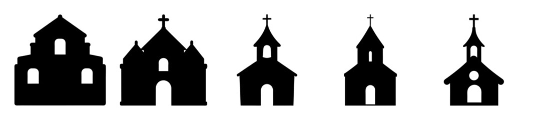 Five distinct church silhouettes arranged in a row showcasing architectural diversity
