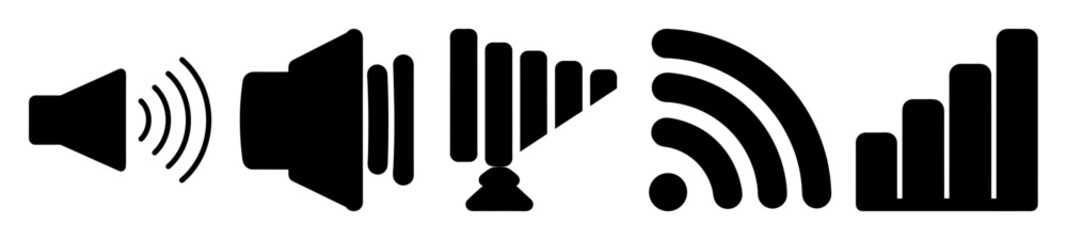 Five diverse graphic icons representing sound volume, levels, and wireless signals