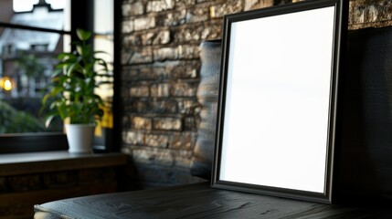 white blank frame positioned on a dark bench near a modern window with indoor plant in a cozy setting