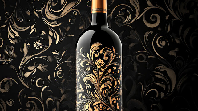 Elegant wine bottle with intricate floral design against a dark background, showcasing luxurious branding and artistic craftsmanship, perfect for marketing and promotional use