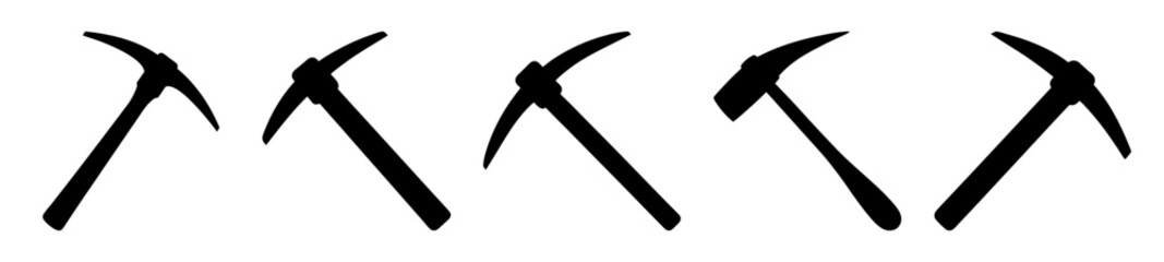 Black and white illustration of five shadowed pickaxes arranged in a row