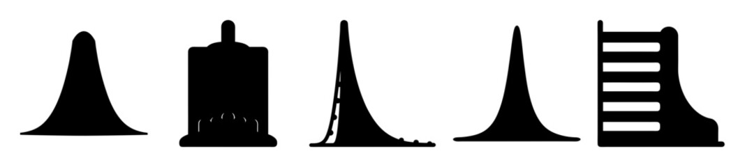 Abstract representation of diverse architectural or structural elements in solid black silhouettes