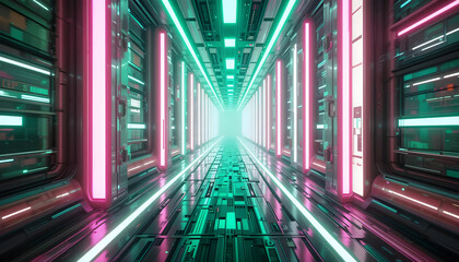 Futuristic Neon Corridor with Vibrant Lights and Reflective Surfaces