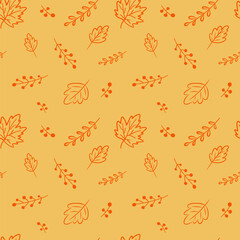 Autumn leaves and berries pattern on orange background in hand-drawn style.