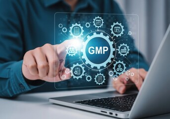Man interacting with gmp interface on laptop screen display