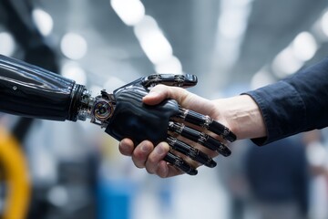 A human hand shakes a robotic hand, symbolizing collaboration and the future of technology and artificial intelligence.