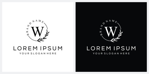 Initial letter W cosmetics fashion logo design, serif font graphic icon, leaves nature symbol concept