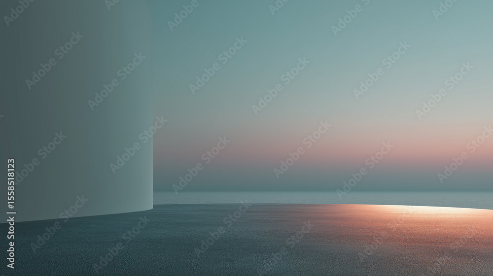 Poster Serene minimalistic scene features curved structure against tranquil gradient sky, blending soft blues and pinks. smooth surface reflects gentle hues, creating calming atmosphere