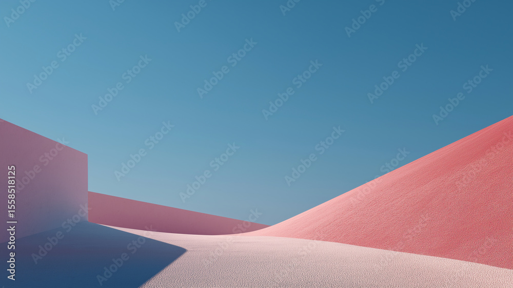 Poster minimalist landscape features pink sand dunes under clear blue sky, creating serene and abstract sce