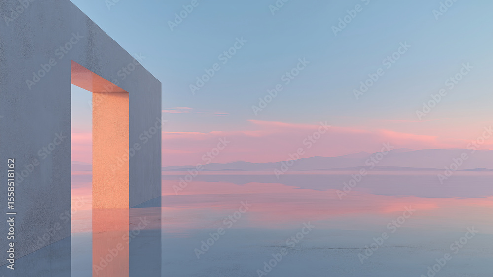 Leinwandbilder minimalist architectural structure stands against serene backdrop of pastel skies and calm waters, c
