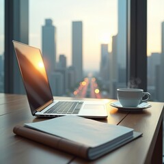 Workplace, laptop, notepad and coffee. AI generative