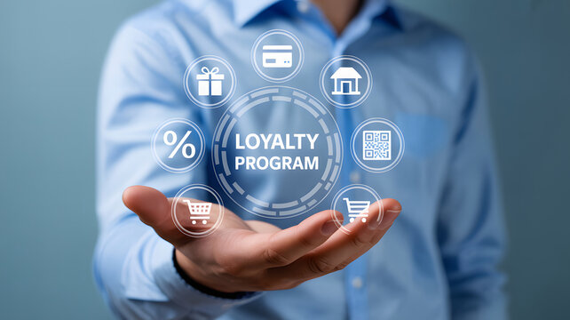 A person presents a loyalty program concept, highlighting benefits such as discounts, gift cards, credit cards, and points for a rewarding customer experience.