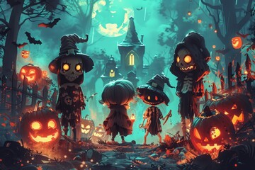 Halloween figures in a spooky nighttime scene.