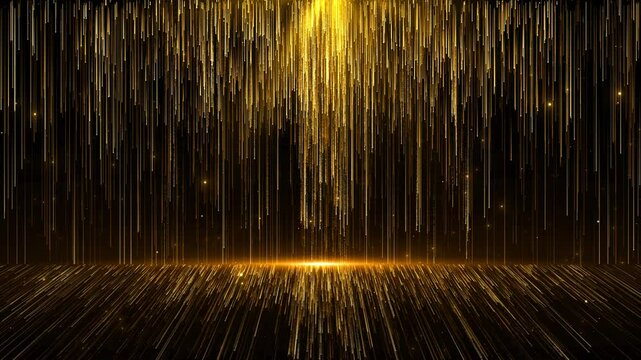 Falling gold particles flicker shimmer black background. Abstract background for fashion glamor wealth prosperity Luxury space. Wall of glitter particles. Bright golden rays floor. Glamour surface