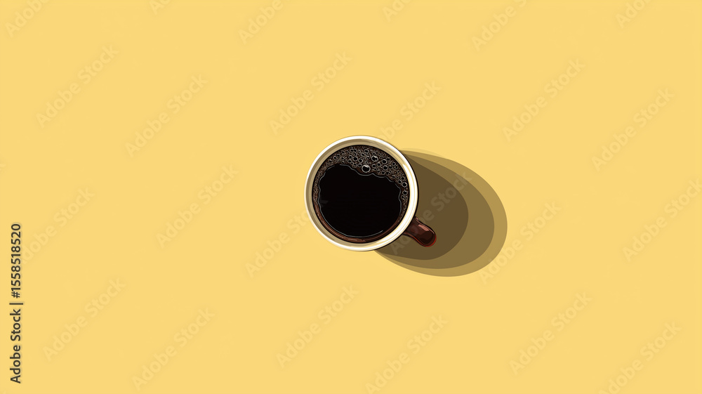 Poster coffee cup filled with dark coffee sits on simple yellow background, casting shadow. minimalist desi