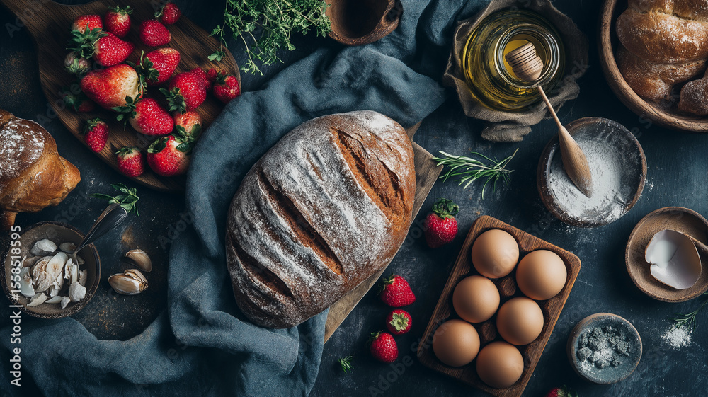 Poster rustic flat lay of fresh bread, strawberries, eggs, and various ingredients on dark textured backgro