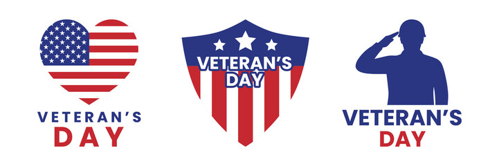 Veterans Day Icon Set in Flat Style Featuring Military Symbols, Flags, Badges