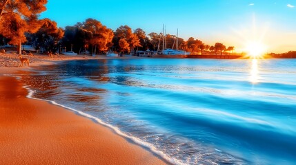 Serene beach sunset with gentle waves, trees lining the shore, and boats in the background