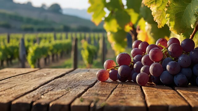A bunch of grapes on a wooden table with a vineyard in the background on a sunny day in the countryside