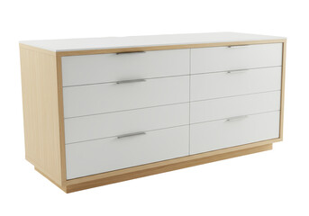 Isolated Modern White Dresser with Six Drawers and Wooden Frame