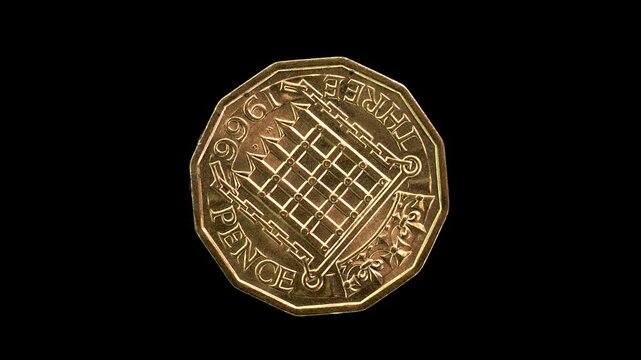 United Kingdom 1966 threepence coin reverse with Tudor portcullis and chains rotating on black background