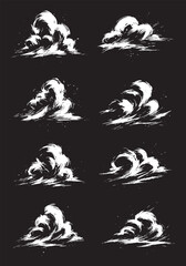 Fototapeta premium Expressive brush-style cloud sketches in white over black, stylized with bold strokes and dynamic motion.