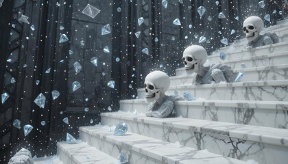 Eerie Skeletons Surrounded by Floating Diamonds on Marble Steps