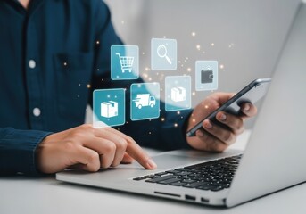 Person using laptop and phone with e commerce icons overlay